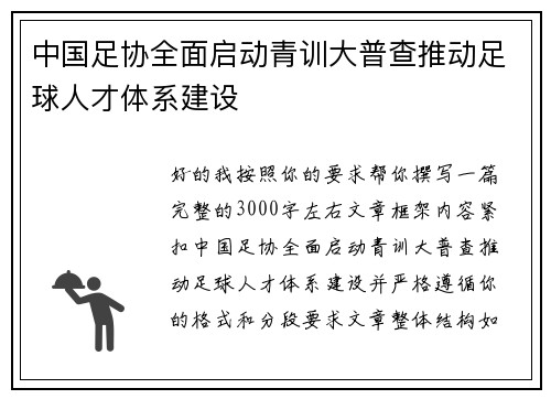 中国足协全面启动青训大普查推动足球人才体系建设 中国足协全面启动青训大普查推动足球人才体系建设